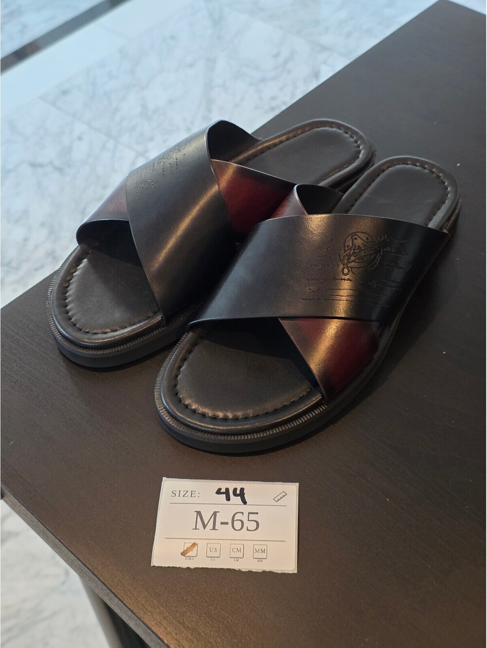 Men's Black & Burgundy Leather Slide Sandals